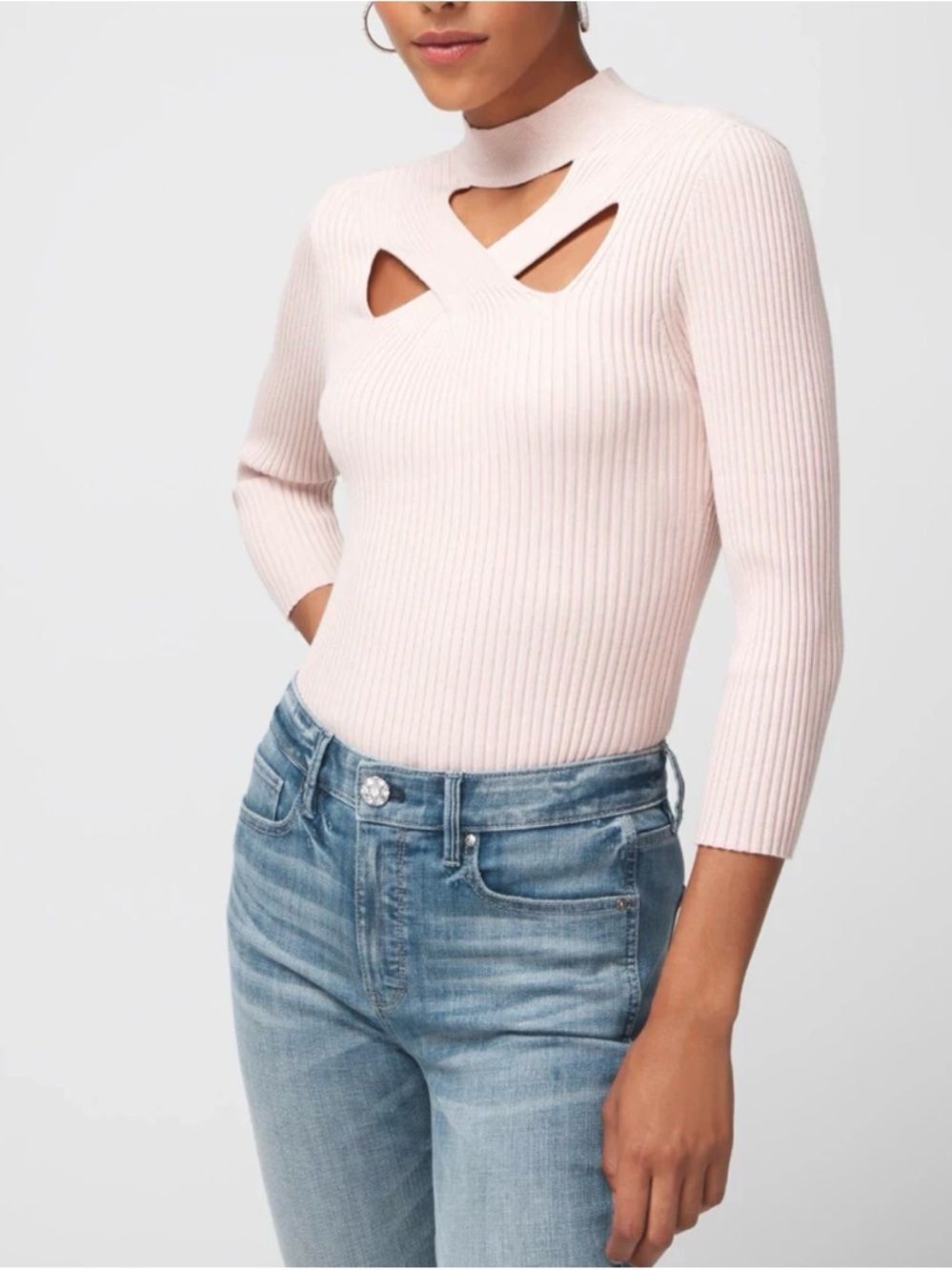 NWT White House Black Market Ribbed Knit Mock Neck Cut Out Top in Light Blush S
